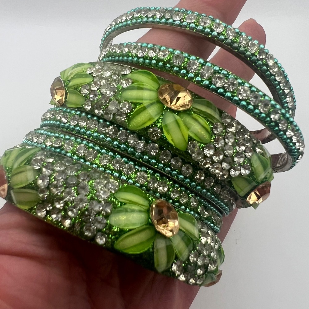 Green Crystal Bangle Set Stackable Gemstone Beade… - image 2